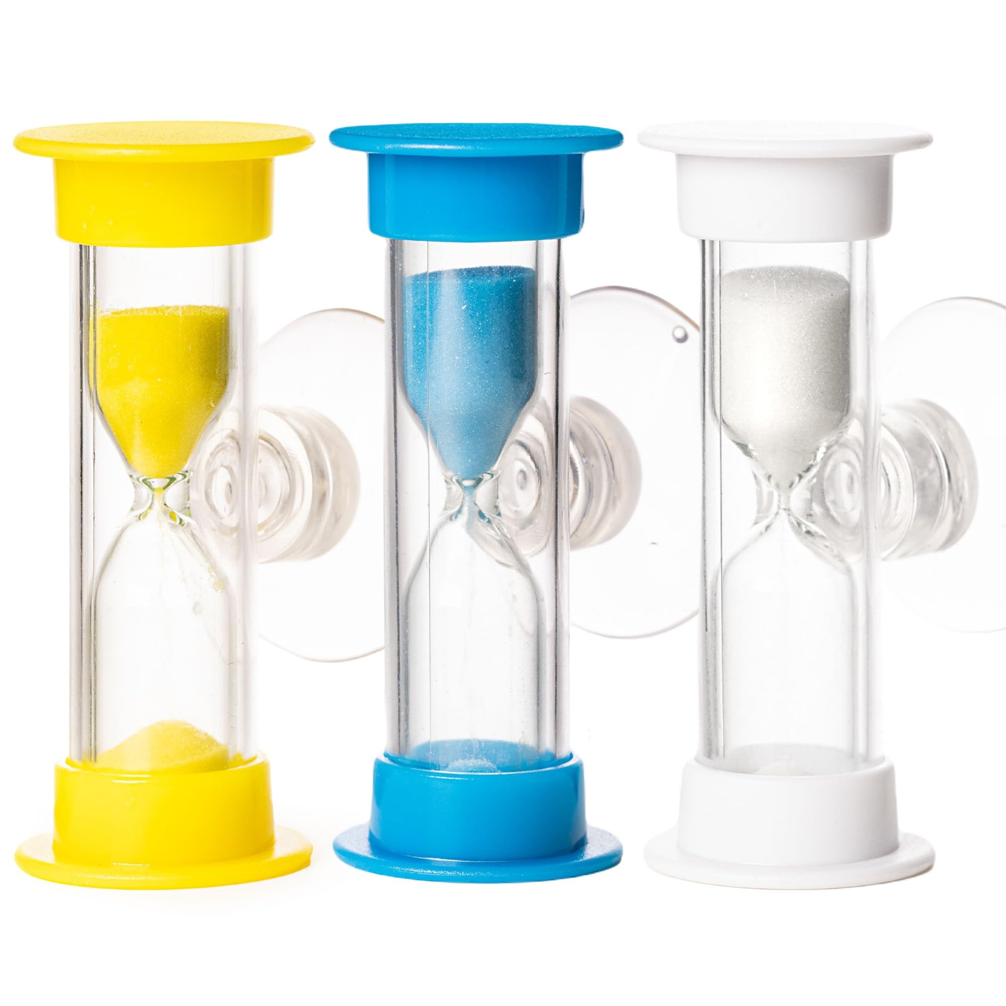 3PC Tooth Brushing 2 Min Sand Timer with Suction Cap, Dental Timer for Kids. Countdown, for Healthy Teeth (Blue, Yellow & White)