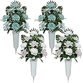 XONOR Artificial Cemetery Flowers, Outdoor Grave Flowers Decorations, Spring Memorial Bouquet with Vase for Headstone Outdoor Grave Decoration, Set of 4 (Hydrangea, Peony)