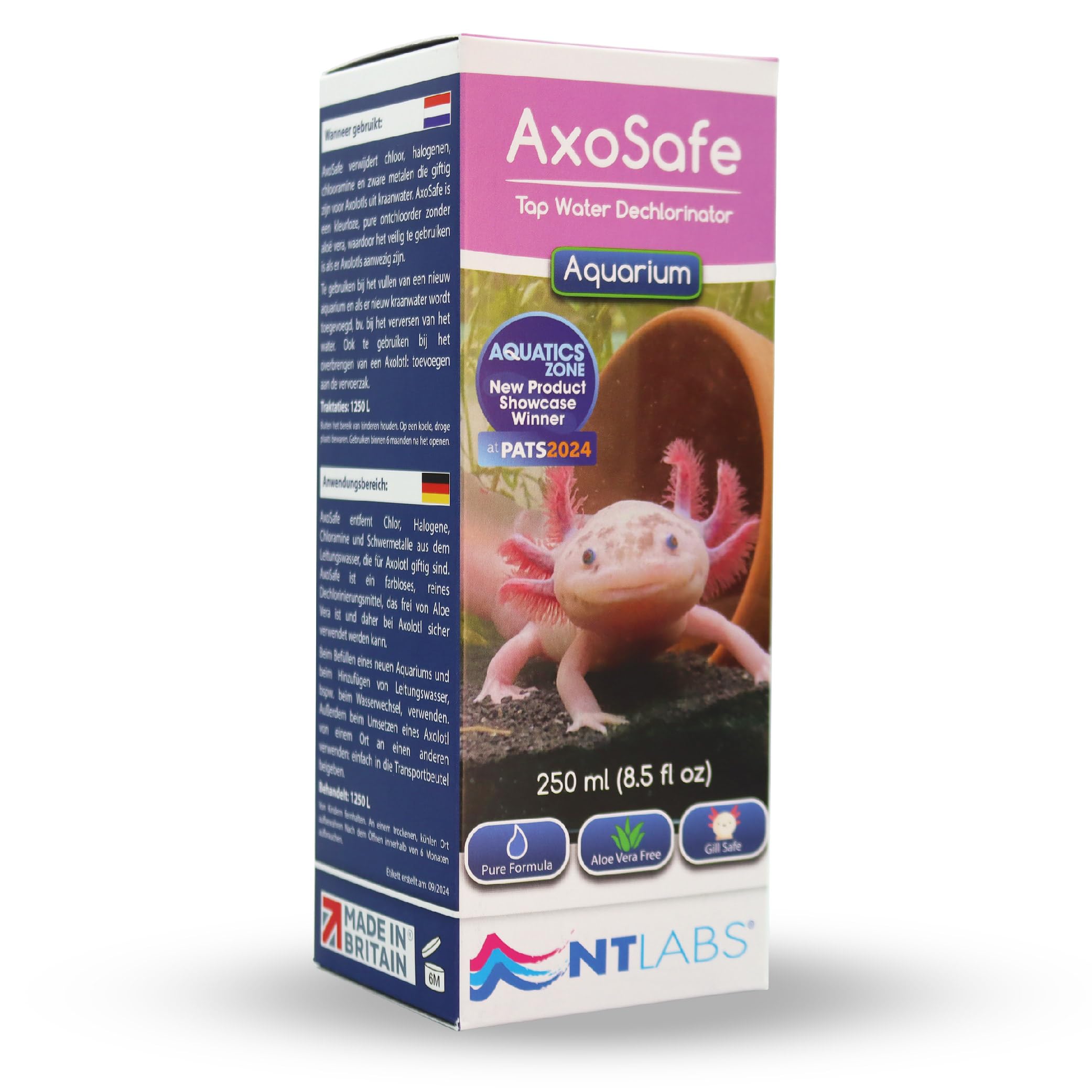 NT Labs AxoSafe For Axolotl Aquariums, Removes Chlorine, Halogens, Chloramine, Free From Aloe Vera, Aquarium Accessories for Axolotls (250ml - Treats 1250L)