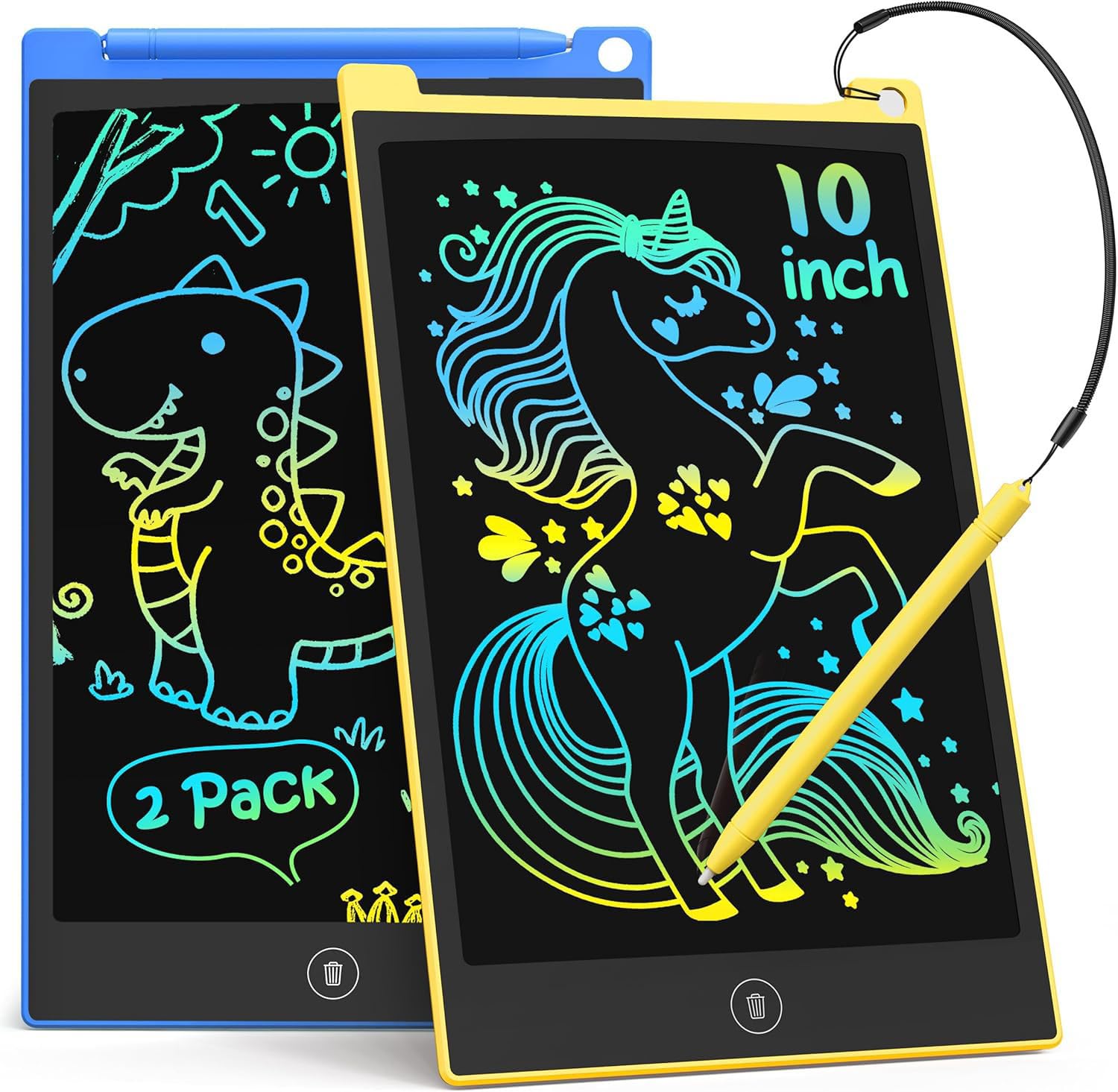 TECJOE 2 Pack LCD Writing Tablet, 10 Inch Colorful Doodle Board for Kids, Electronic Drawing Tablet Drawing Pads,Kids Travel Games Activity for Learning,Gifts for 3–6-Year-Old (Dark Blue and Yellow)