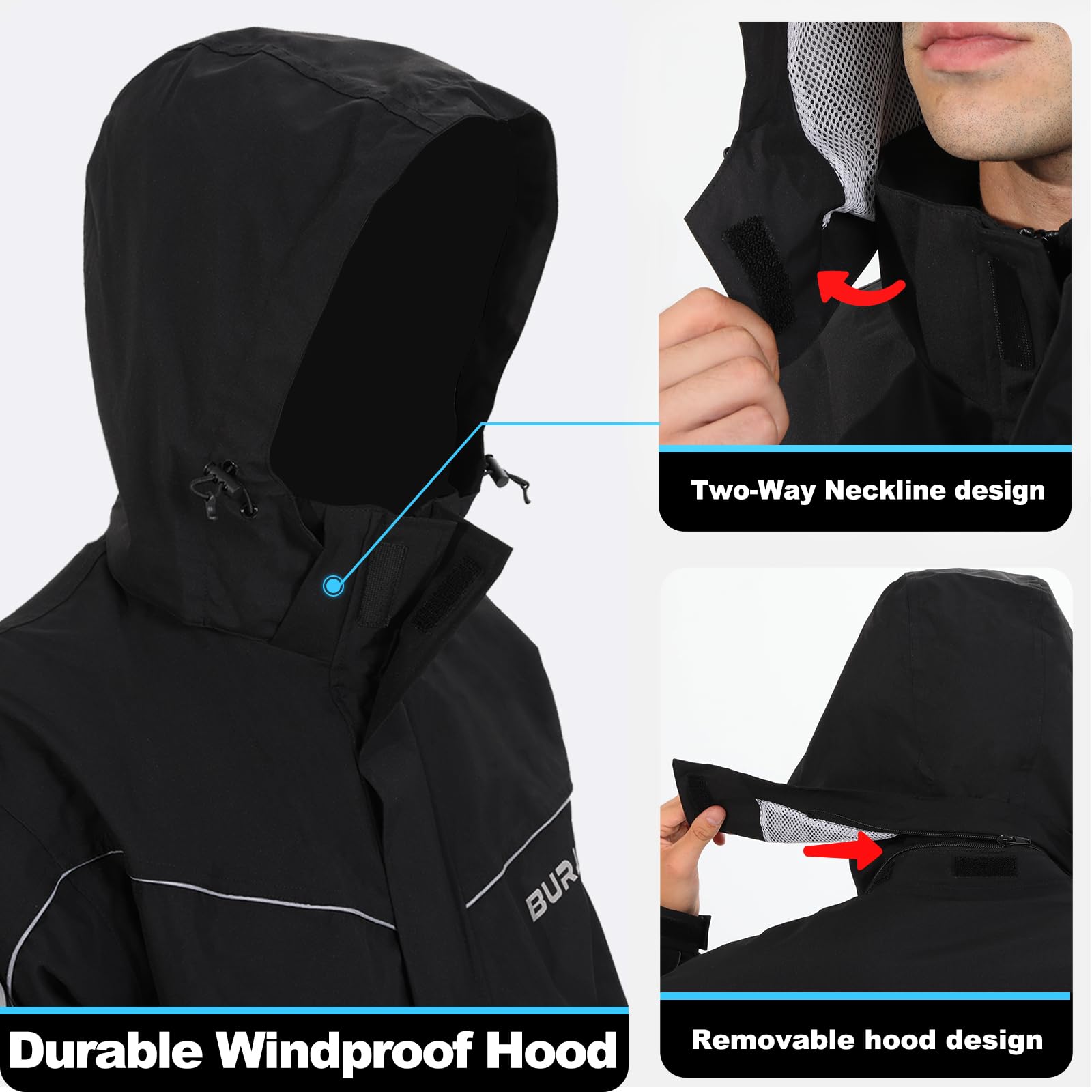 Burjosy Regenanzug Herren, Wasserdicht Regenjacke Regenhose, Packbare Leicht Reflektierende Windjacke mit Kapuze, Atmungsaktiv Fahrrad Regenmantel für Outdoor Wandern Camping 2