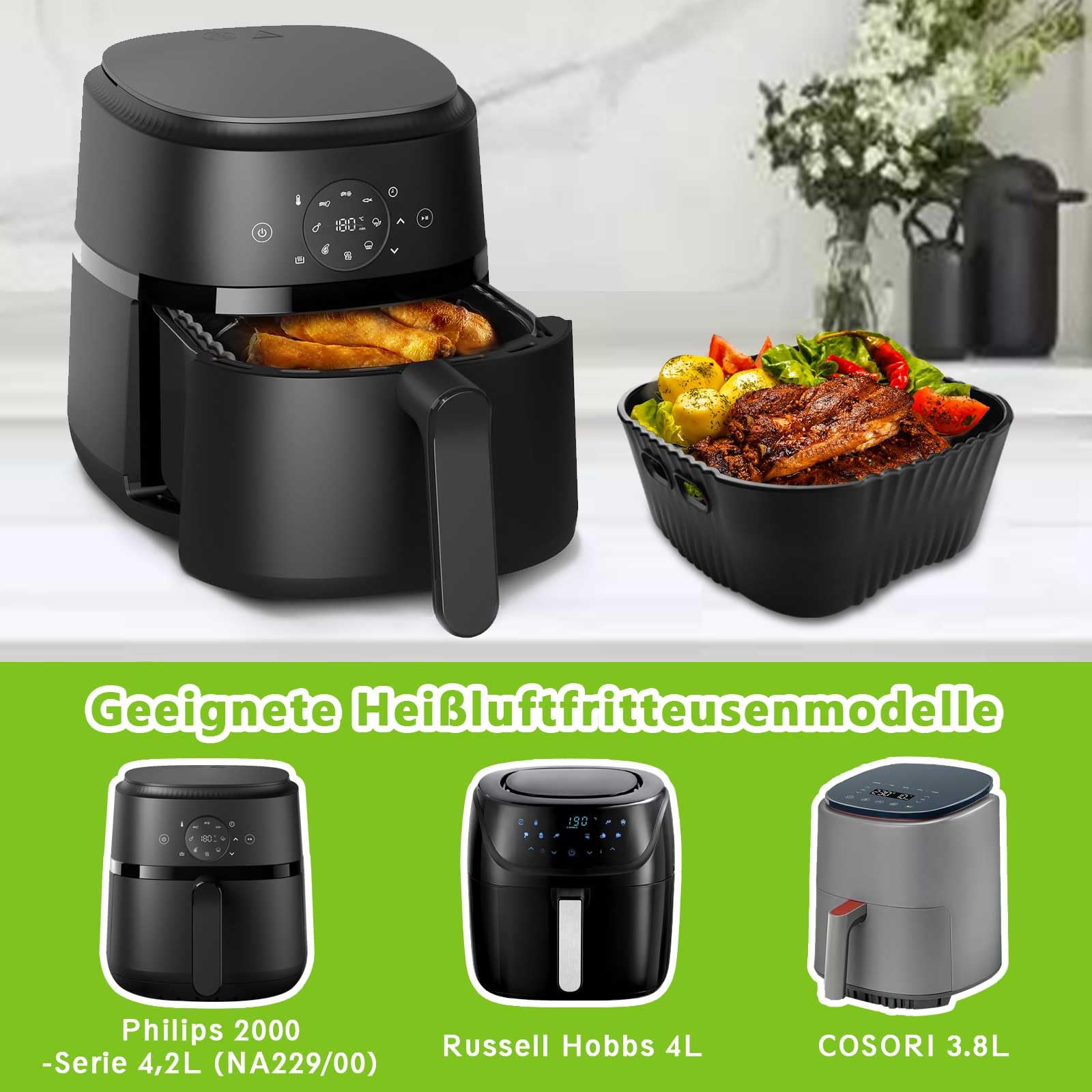 20CM Airfryer Silikonform Zubehör für Philips 2000 Series 4,2L (NA229/00), Russell Hobbs L 4L, COSORI Lite 3.8L, 2 Stück Platin-Silikonform Zubehör für Heißluftfritteusen, Wiederverwendbar 2