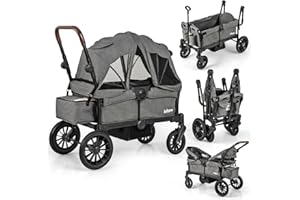 INFANS Wagon Stroller for 2 Kids, Collapsible Adjustable Push Pull Handle Bar, 2 Seater Stroller Wagon with Removable Canopy Snack Tray, Comfortable Drop-Down footwell and Upholstered Seats