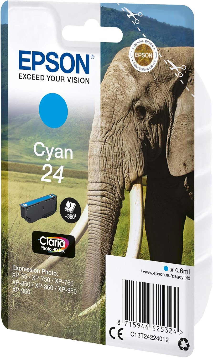 Epson 24 Cyan Elephant Genuine, Claria Photo HD Ink Cartridge, Standard - Image 3