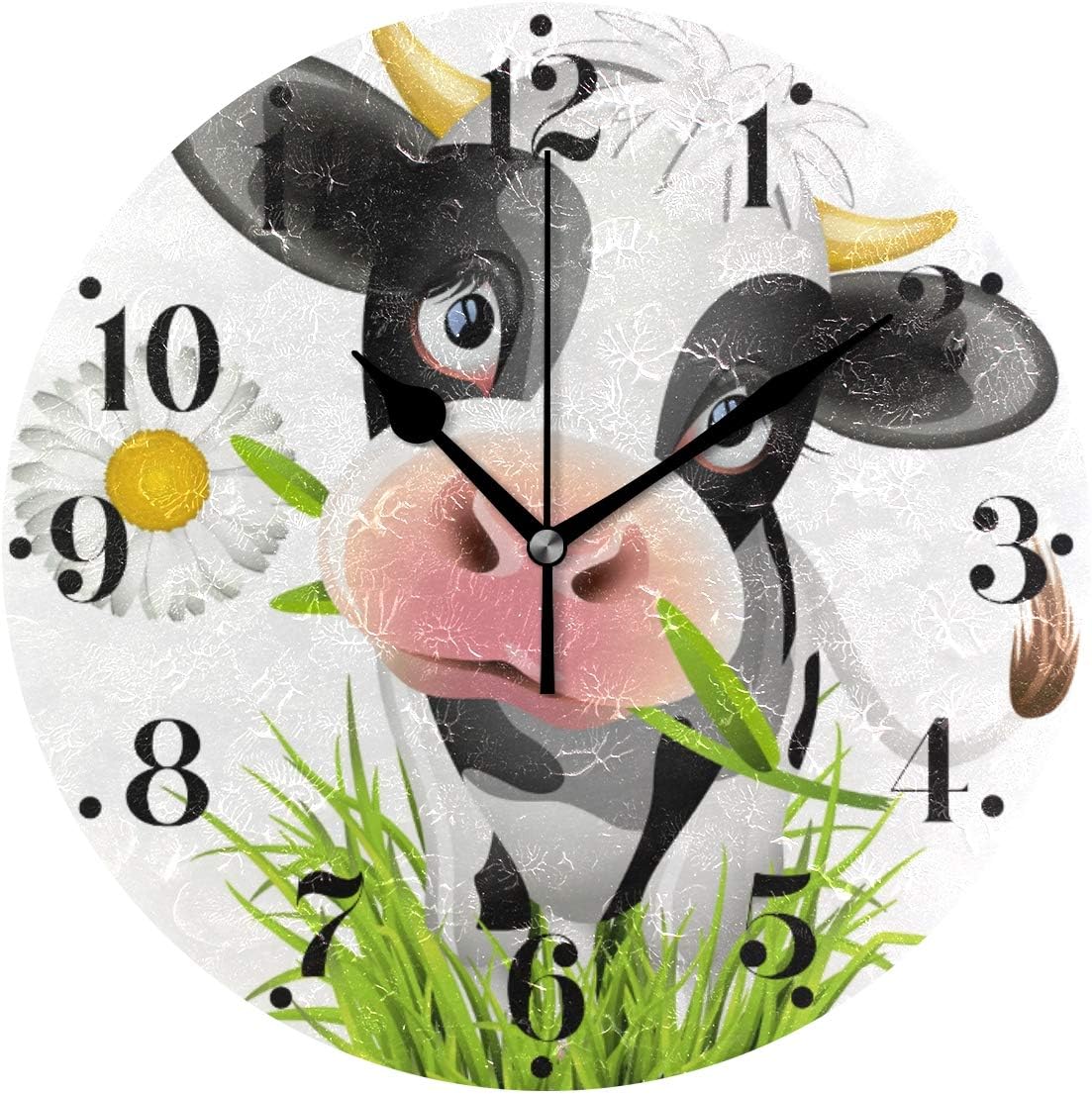 Hupery Cute Holstein Cow Wall Clock Silent Non Ticking Round Wall Hanging Clock Battery Operated Black Hands Decorative Wall Clocks for Bedroom Living Room Kitchen Office School
