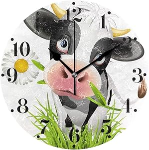 Hupery Cute Holstein Cow Wall Clock Silent Non Ticking Round Wall Hanging Clock Battery Operated Black Hands Decorative Wall Clocks for Bedroom Living Room Kitchen Office School