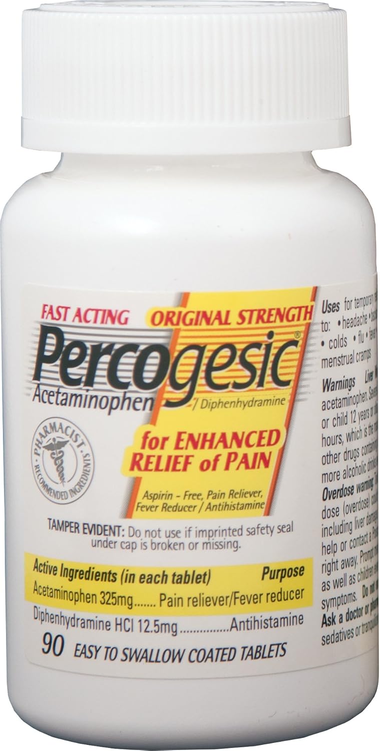 Percogesic Original Strength, Acetaminophen and Diphenhydramine, 90 Tablets: Health & Personal Care