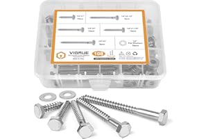 VIGRUE 1/4 x 1" to 3" Hex Lag Bolts, 108PCS 1/4 Hex Lag Screws Wood Screws Washers Assortment kit 18-8(304) Stainless Steel