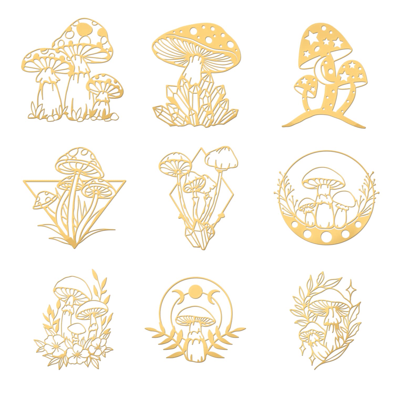 OLYCRAFT 9Pcs Mushroom Pattern Gold Stamping Stickers Metal Stickers Golden Epoxy Stickers for Scrapbooks DIY Resin Crafts Phone & Water Bottle Decoration (1.6x1.6 inch)/(4x4cm)