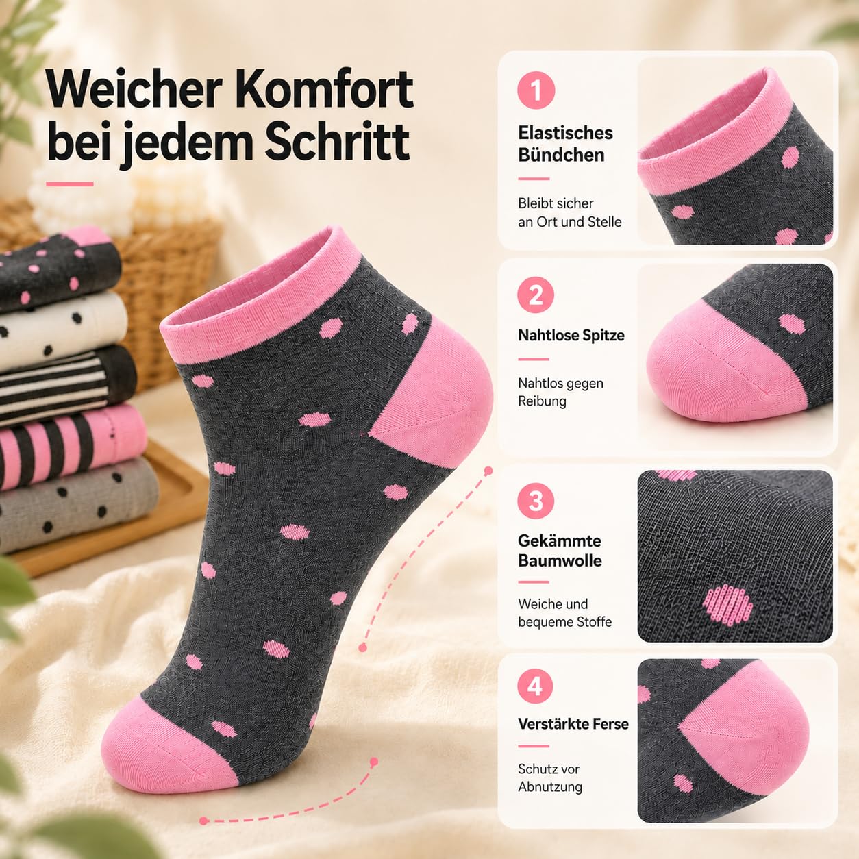 Soleeya 10 Paar Sneaker Socken Damen 39-42, Baumwolle Füßlinge Damen mit Streifen Punkte Herzen, Atmungsaktive Kurz Sportsocken Teen Mädchen Wandersocken Sommer Sneakersocken für Alltag 4
