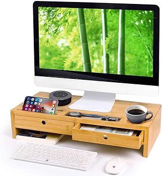 Amazon Com Bamboo Monitor Stand Riser With Drawers Sturdy Desk