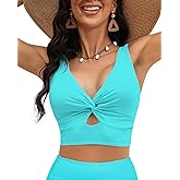 LookbookStore Tankini Tops for Women Cut Out Long Bikini Top Twist Knot Padded Adjustable Swimsuit Tops Only Resort Wear