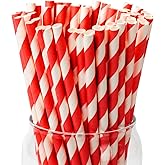PakTalk [100 Pack]Red Straws, Disposable Red and White Straws Biodegradable Red Paper Striped Straws for Cocktail, Milkshake, Coffee, Lemonade (0.24" x 7.75", Red)