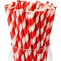 PakTalk [100 Pack]Red Straws, Disposable Red and White Straws Biodegradable Red Paper Striped Straws for Cocktail, Milkshake,