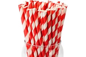 PakTalk [100 Pack]Red Straws, Disposable Red and White Straws Biodegradable Red Paper Striped Straws for Cocktail, Milkshake, Coffee, Lemonade (0.24" x 7.75", Red)