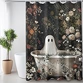 Reateforin Halloween Shower Curtain Ghost Takes a Bath Tub in Flower Forest Shower Curtain for Bathroom Dark Academia Ghost Bathtub Halloween Bathroom Decor Set Vintage Gothic Horror Decor 72