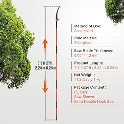VEVOR Manual Pole Saw, 7.3-27 ft Extendable Tree