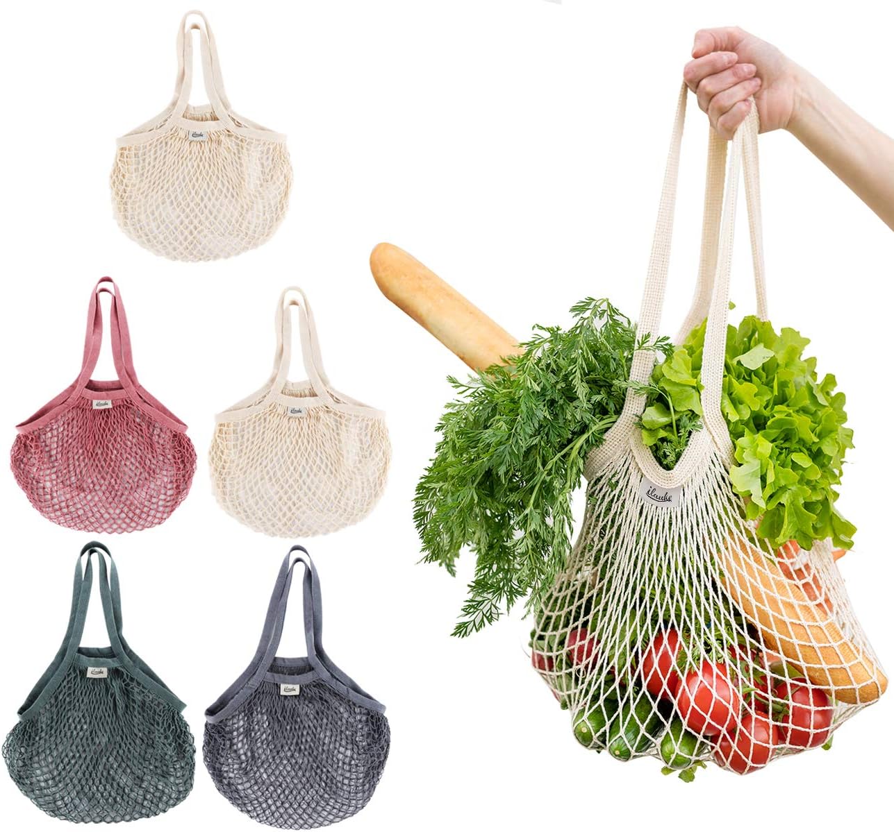 ilauke 5 Pcs String Bags Shopping, Portable and Washable Cotton Reusable Grocery Mesh Bags with Long Handle