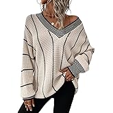 Dokotoo Womens Oversized Striped Tunic Sweaters Casual V Neck Long Sleeve Color Block Knit Pullover Jumper Tops
