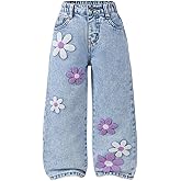 GORGLITTER Girl's Floral Baggy Wide Leg Jeans Y2K Zipper Fly Washed Denim Pants with Pockets