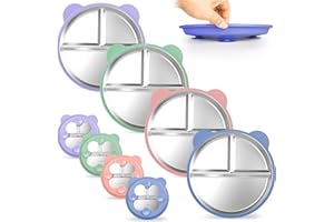 YIHCE Stainless Steel Kids Plate with Suction 4 Pack, 9″ Toddler Divided Plates with Removable Non Slip Silicone Sleeves, BPA Free Baby Snack Dishes, Mint Green, Wisteria, Coral pink, Glaucous