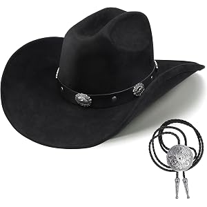 Cowboy Hats for Men and Women, Faux Suede Felt Western Hat with Bolo Tie—Rodeo Events, Concerts, and Theatrical Costumes