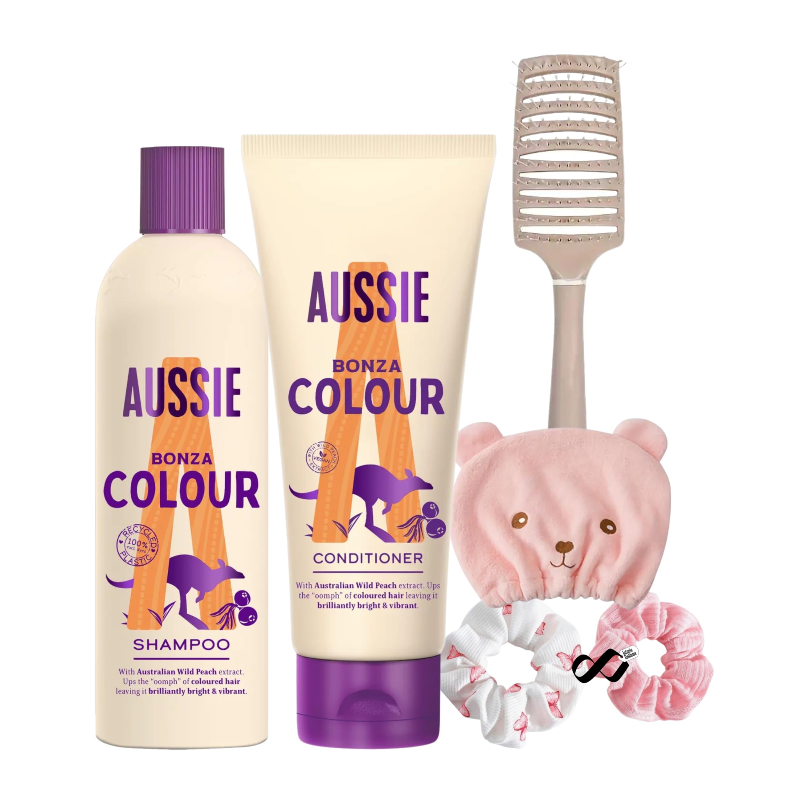 300ml Shampoo And 200ml Conditioner Aussie Colour Bonza Set Bundle With Includes 1 x Detangling Brush 2 x Hair Scrunchies 1 x Hair Drying Cap.