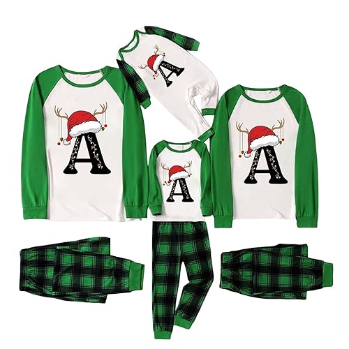 Matching Christmas Pajama Sets for Family A-Z Letters Graphic Xmas Pyjamas Green Matching Family Christmas Tshirt and Pants Set for Women Men Sleepwear Nightwear Loungewear(Baby, A, 0-3 Months)