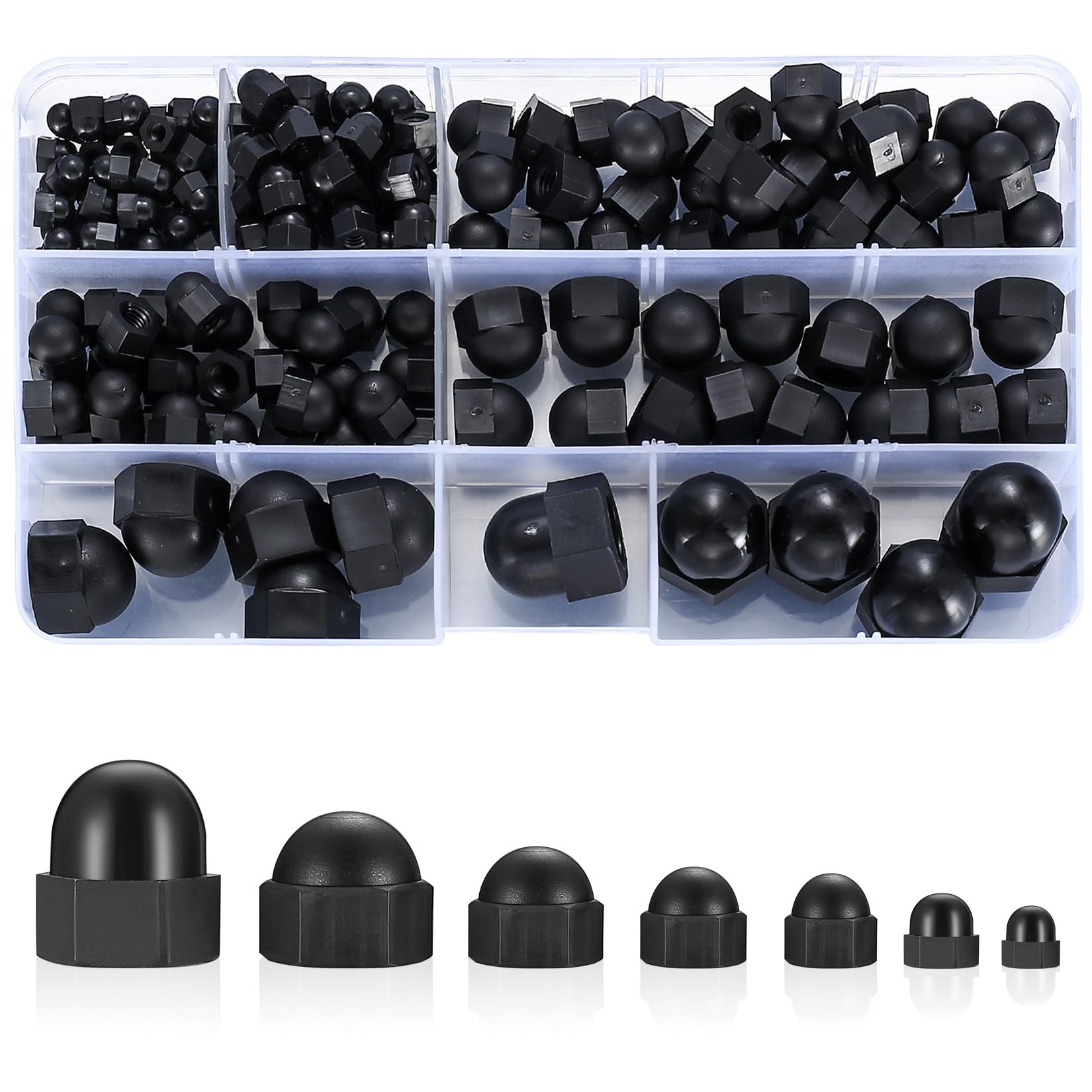 165 Pcs Acorn Dome Cap Nuts, alloy steel Acorn Thread Hex Caps Head Nuts Assortment KitAcorn Decorative Hex Cap Nutss - M3/M4/M5/M6/M8/M10/M12(black/alloy steel)