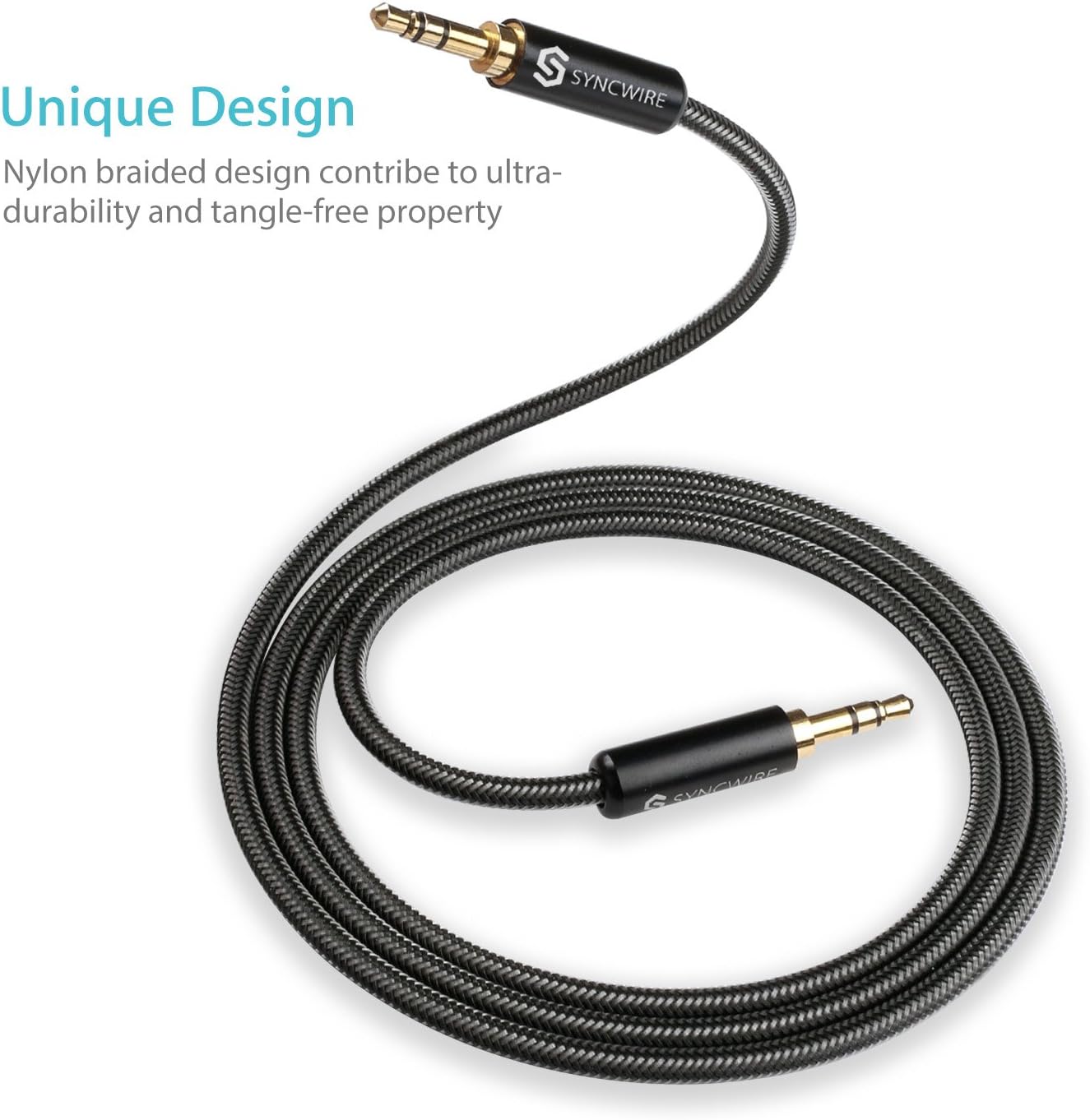 Syncwire 3.5mm Nylon Braided Aux Cable (3.3ft/1m,Hi-Fi Sound), Audio Auxiliary Input Adapter Male to Male AUX Cord for Headphones, Car, Home Stereos, Speaker, iPhone, iPad, iPod, Echo & More - Black
