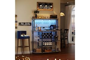 ROCHECASA Wine Rack with LED Light, 43.3" Bar Table Cabinet with Glass Holder, Freestanding Coffee Bar Storage Shelves, 5-Tie