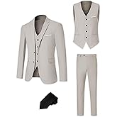 JIKHONEY Men's Suit Slim Fit 3 Pieces Suit Set, Business Casual Suits for Men Two Button Soild Jacket Vest Pants Set with Tie