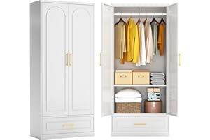 Kubohogar Metal Armoire Wardrobe Closet with 2 Doors, 71" Tall Wardrobe Cabinet with Hanging Rod, Drawers and Adjustable Shelves, White Clothing Storage Cabinets for Bedroom, Home Office