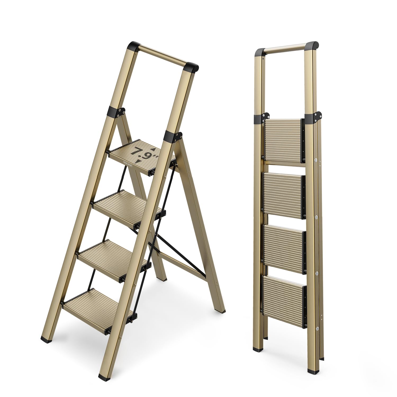 Photo 1 of WOA WOA 4 Step Ladder for 10 Feet High Ceiling, Lightweight Foldable Ladder with Non-Slip Wide Pedals, Step Stool with Safe Handrail, Space Saving for Home, Kitchen, Indoor & Outdoor 300lbs - Gold