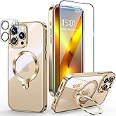 Yondcd [Tri-Shield Protection] for iPhone 13 Pro Case with 360° Spin Stand Compatible with MagSafe [Magnetic CD Ring] [Screen & Camera Lens Protector] Shockproof Plating Never-Yellowing, Gold-6.1"