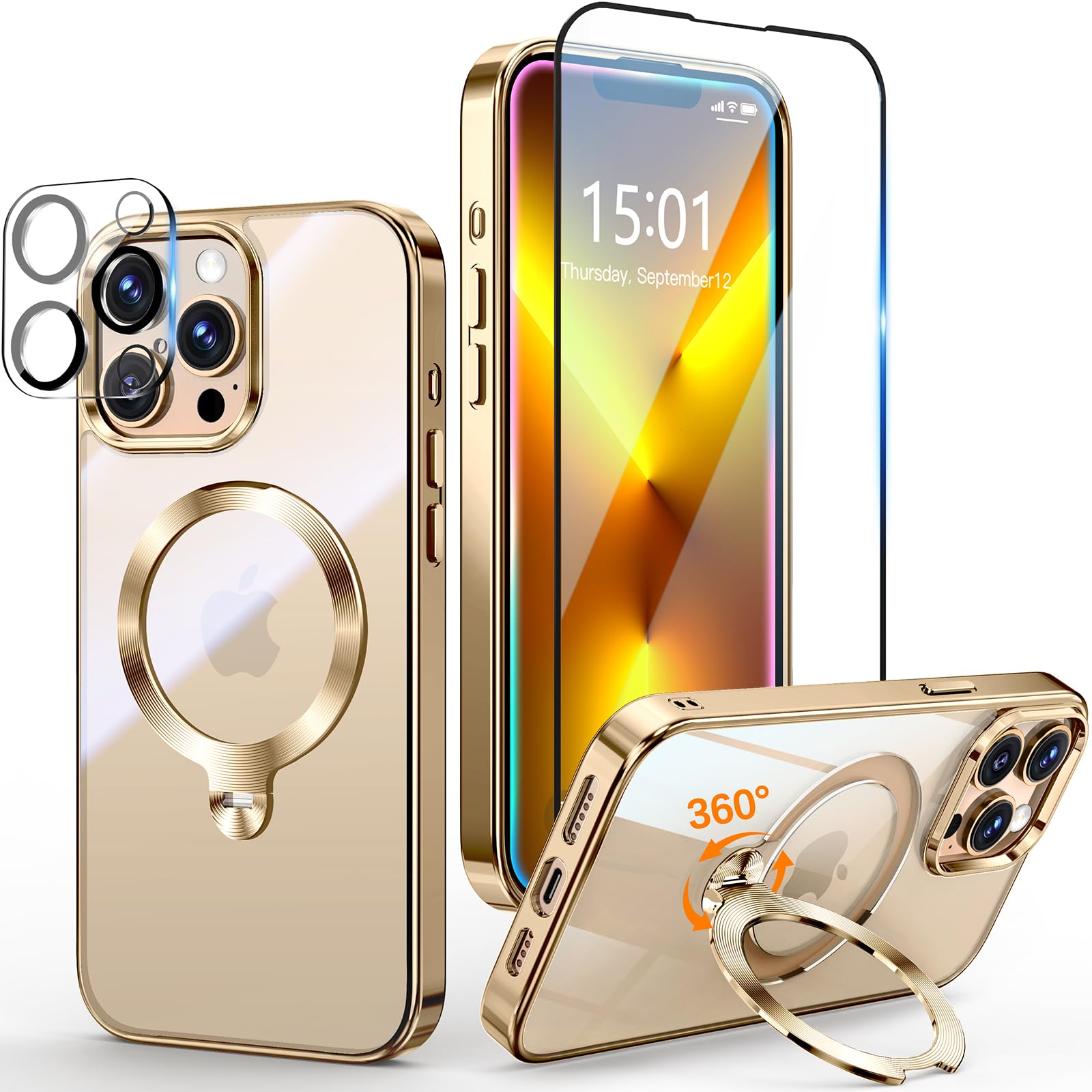 Photo 1 of [Tri-Shield Protection] for iPhone 13 Pro Max Case with 360° Spin Stand Compatible with MagSafe [Magnetic CD Ring] [Screen & Camera Lens Protector] Shockproof Plating Never-Yellowing, Gold-6.7"