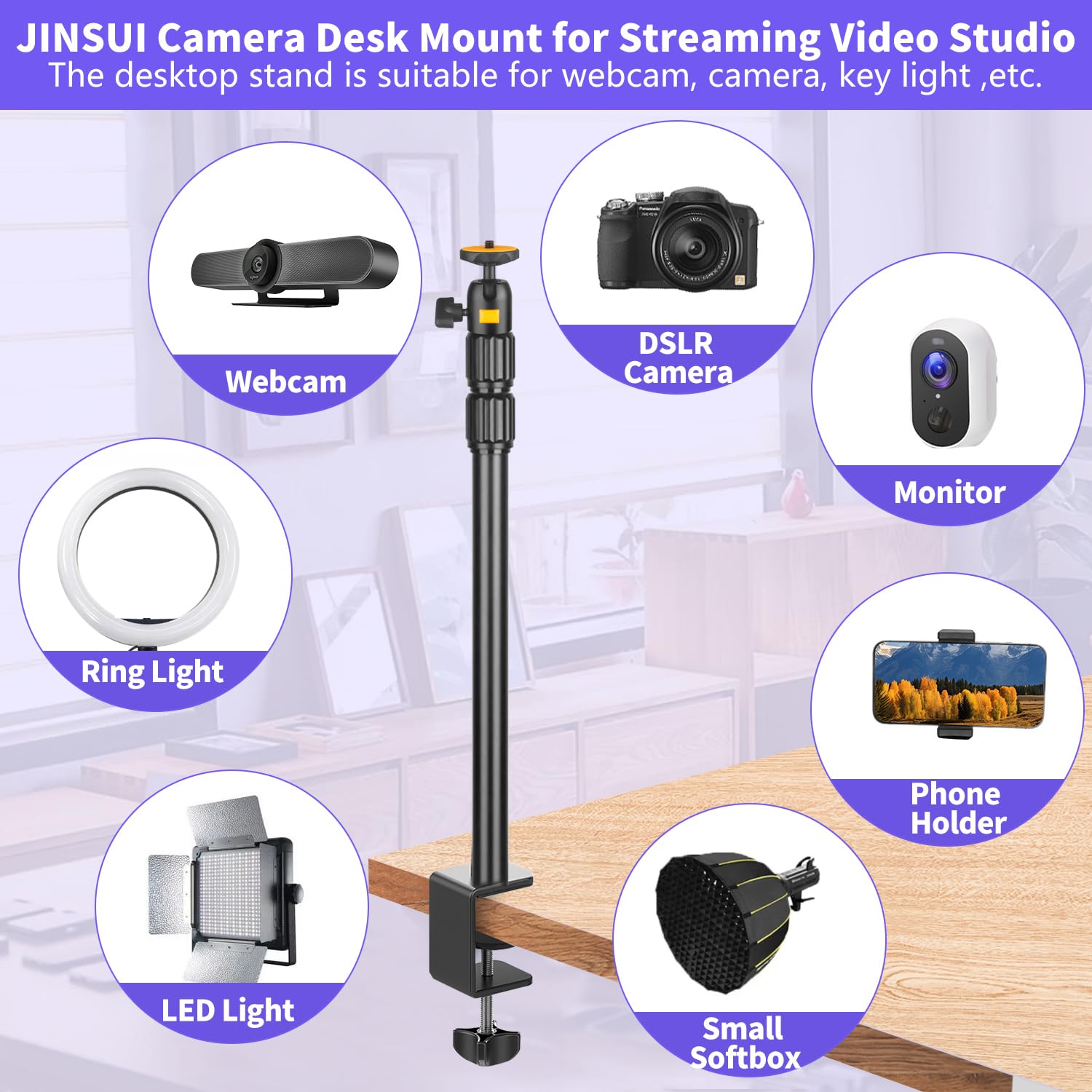 Camera Desk Mount Webcam Stand with 360° Ball Head, Adjustable Table Light Stand 14