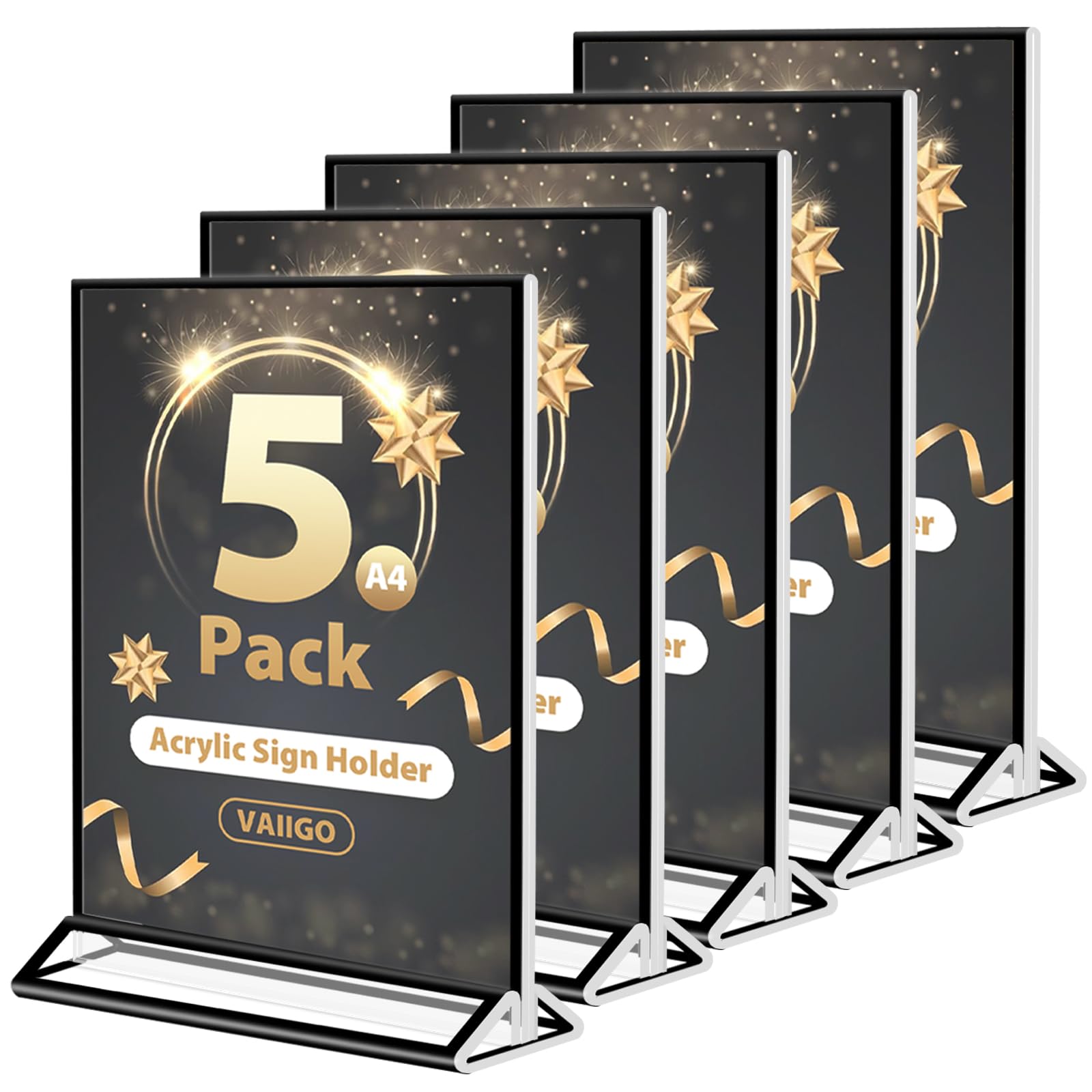 VAIIGO A4 Acrylic Sign Holder 5Pack Poster Menu Holders for Table, Double Sided Perspex Display Stand for Wedding, Restaurant, Bar, Hotel, Office, Store Sign Holder, Black