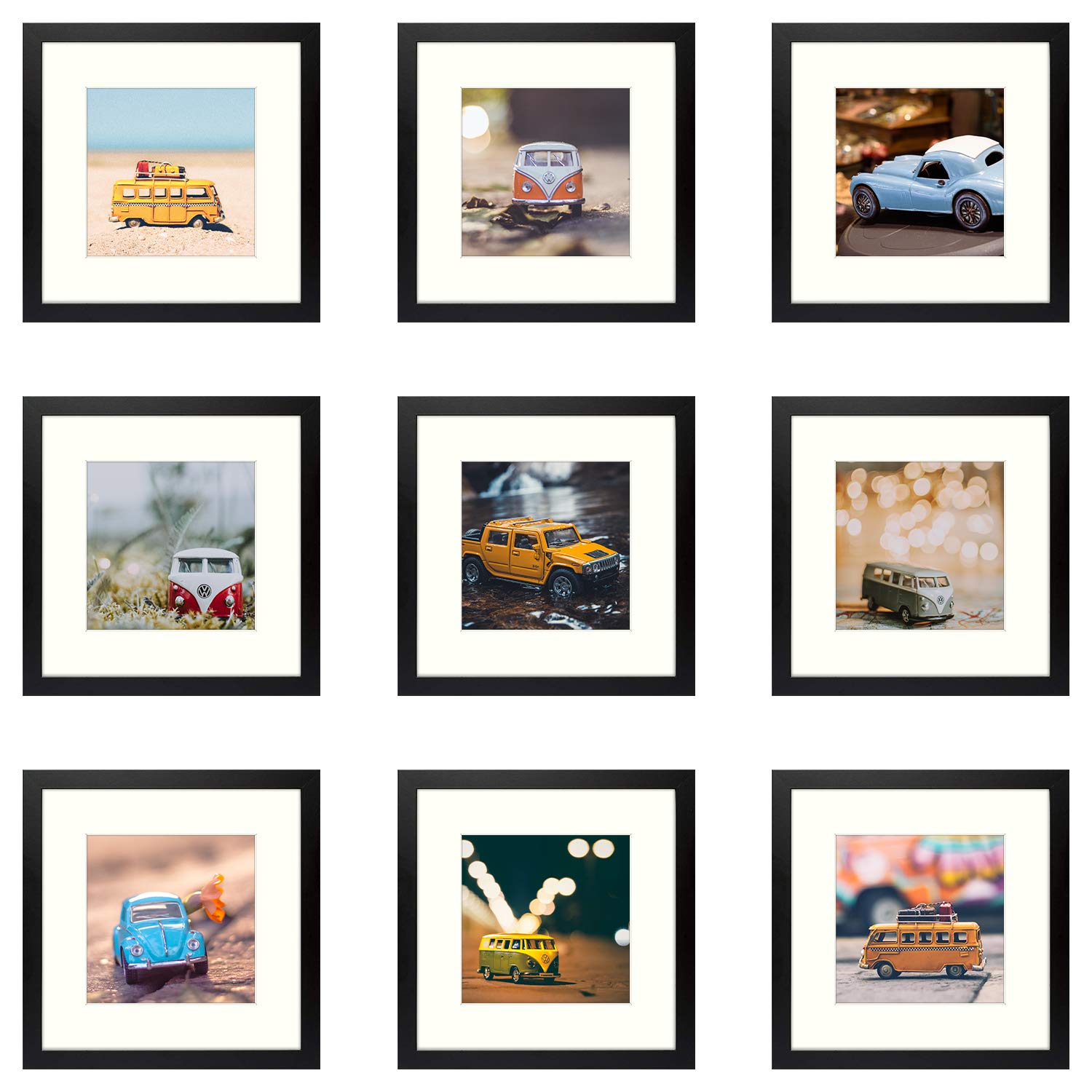 Golden State Art, 12x12 Picture Frame for 8x8 Display Photos with Ivory Mat Swivel Tabs, Glass Wide Molding, Collage Square Frames Wall Display (Black, 9-Pack)