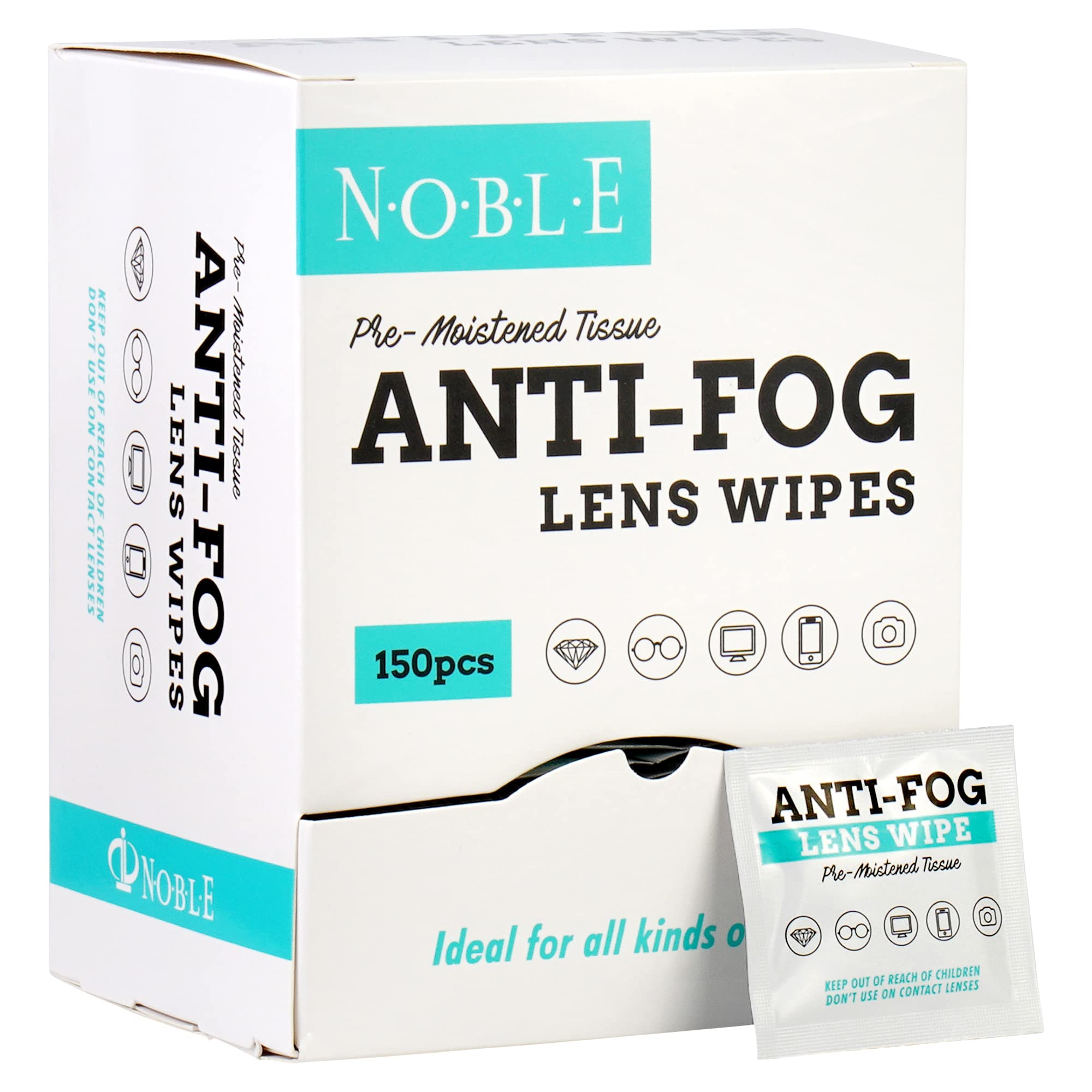 Noble Anti-Fog Pre-Moistened Lens and Screen Cleaning Wipes for Glasses Eyewear, Smartphones, Camera Lenses, Small Electronic Devices, Touchscreens, Individually Wrapped, Residue-Free, 5”x 6” (150)