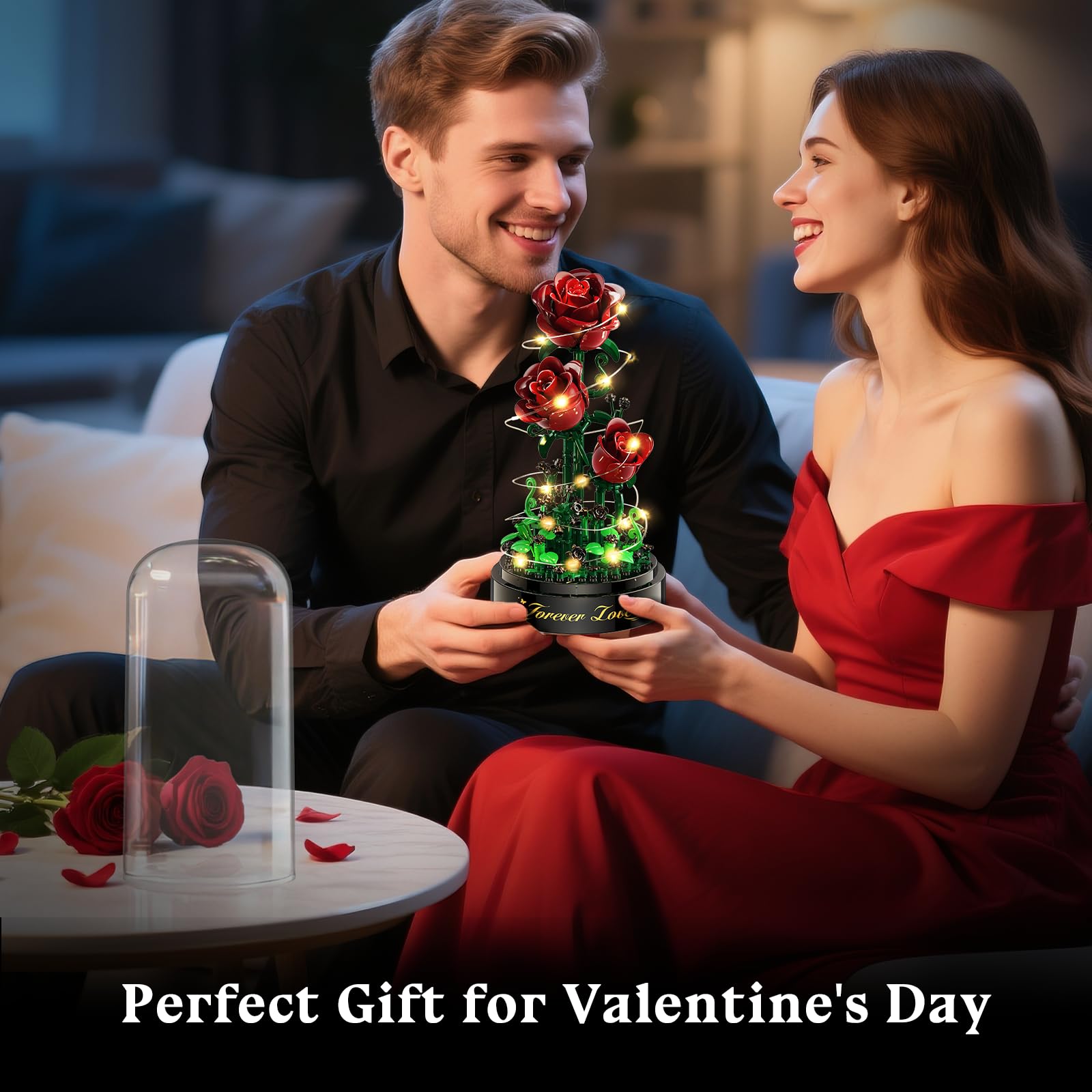 HiWEEGO Blumen Rosen Bausatz mit LED Licht, 241 Teile Burgunderrot Rosenstrauß, 3.6MM Blumenstrauß Baustein Spielzeug, Botanische Kollektion Valentinstagsgeschenk für Mädchen Erwachsene und Frauen 4