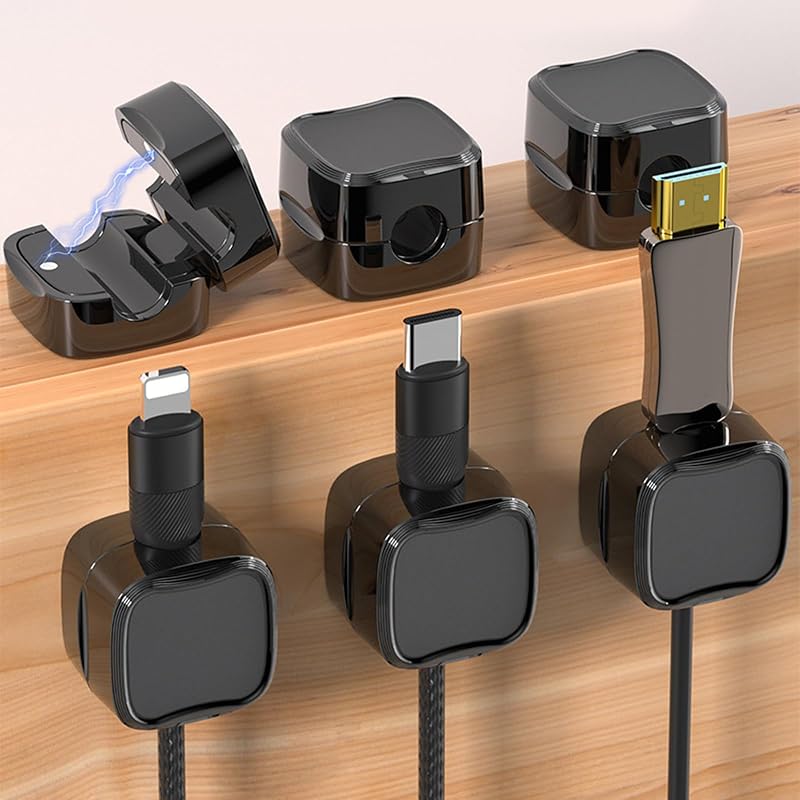 Ruamny 6 Pcs Black Magnetic Cable Holder Desktop Cord Organizer Self Adhesive