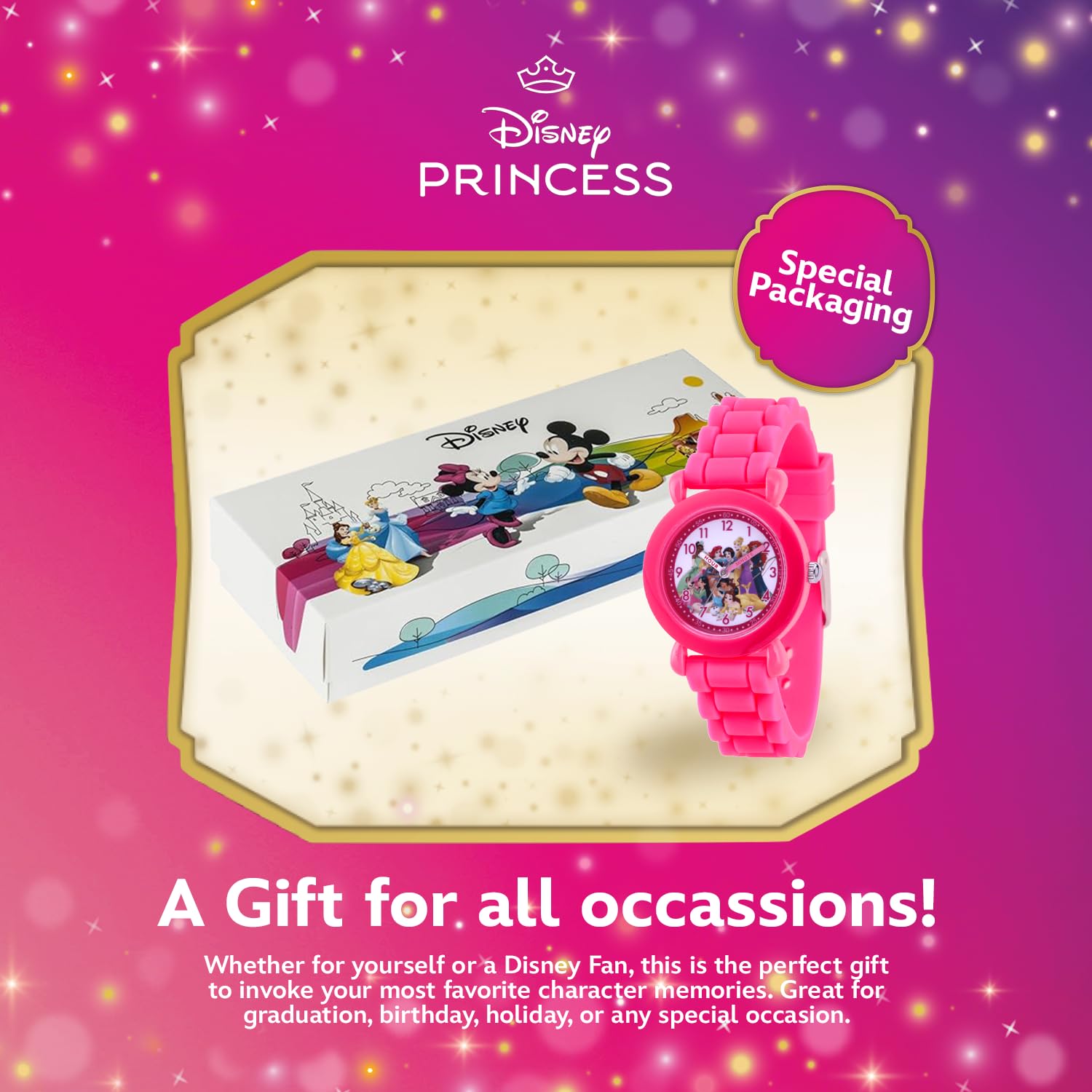 Disney Princess Watch for Girls – Kids' Princess Watch with Pink Plastic Case & Purple Silicone Strap – Gift for Girls Age 4-7, Toddler Watches, Cute & Durable Kids’ Timepiece