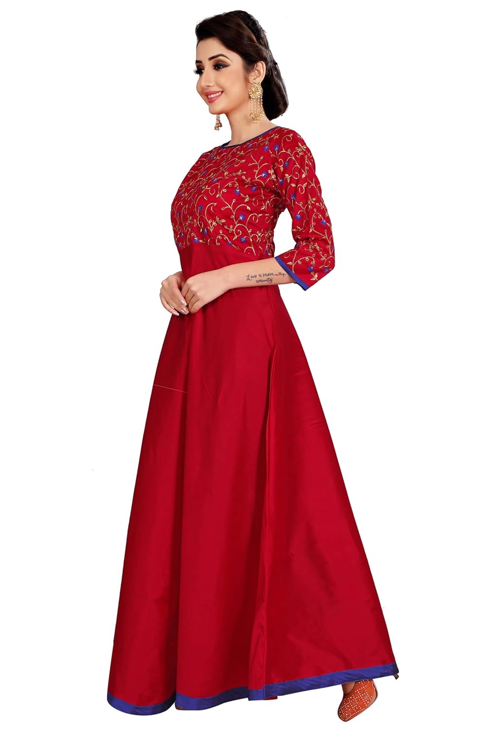 spangel fashion red silk embroderied design women's anarkali gown dress