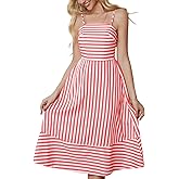 Striped Sleeveless Midi Summer Dress for Women Spaghetti Strap Backless Smocked Swing Beach Dresses