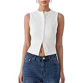 Women’s Button Down Tank Tops Sleeveless Ribbed Crop Summer Button Up Crewneck Vest Shirt Going Out Slim Fit Tops