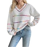 SOLY HUX Women's Striped Sweater V Neck Long Sleeve Drop Shoulder Casual Trendy Knit Pullover Tops