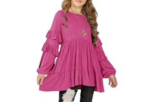 MITILLY Girls Crewneck Ruffle Long Sleeve Loose Pleated Babydoll Blouse Tops with Pockets