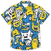 REVENEVER Boys Hawaiian Shirt Button Down Shirt Short Sleeve Cartoon Print Hawaiian Beach Shirt for Kids
