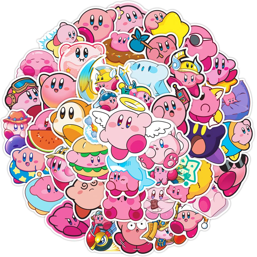 50pcs Kirby Sticker for Kids, Cute Cartoon Waterproof Vinyl Decal for Adult Teen Boy Girl Water Bottle Laptop Phone Skateboard Guitar Notebook Computer Luggage (kabi)